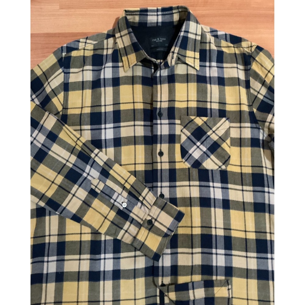 rag & bone New York Fit 3 Plaid Button Down Shirt Mens Large Yellow Blue
